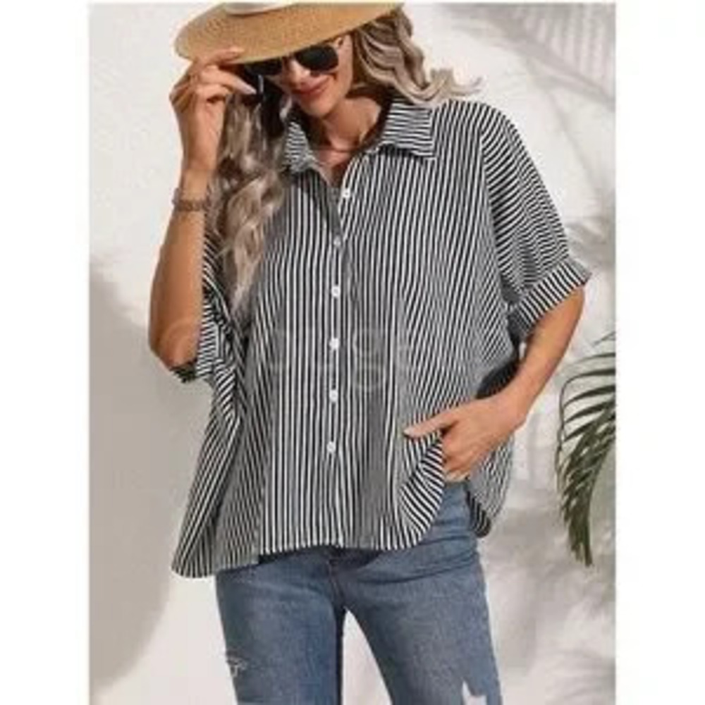 Striped Black White Button Up Front Shirt Oversized Batwing Half Sleeve V-Neck - Picture 2 of 5